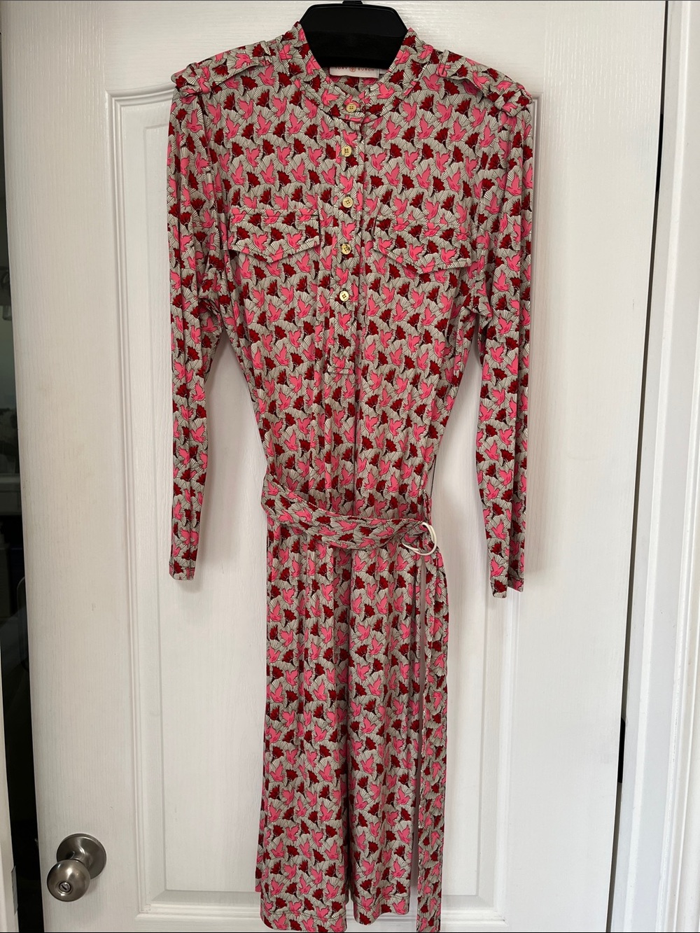 Tory Burch Womens Pink Patterned Long Sleeve Shirt Dress with Belt, M